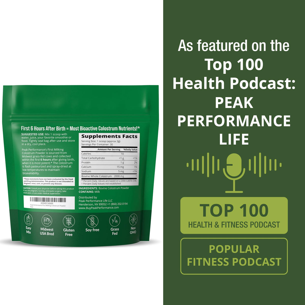 Poudre de colostrum Peak Performance sur une table en bois
