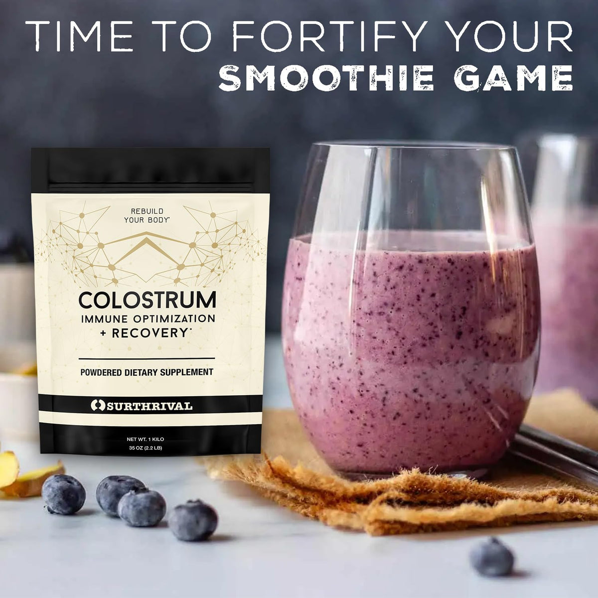 Poudre de colostrum Surthrival 191g sur une table