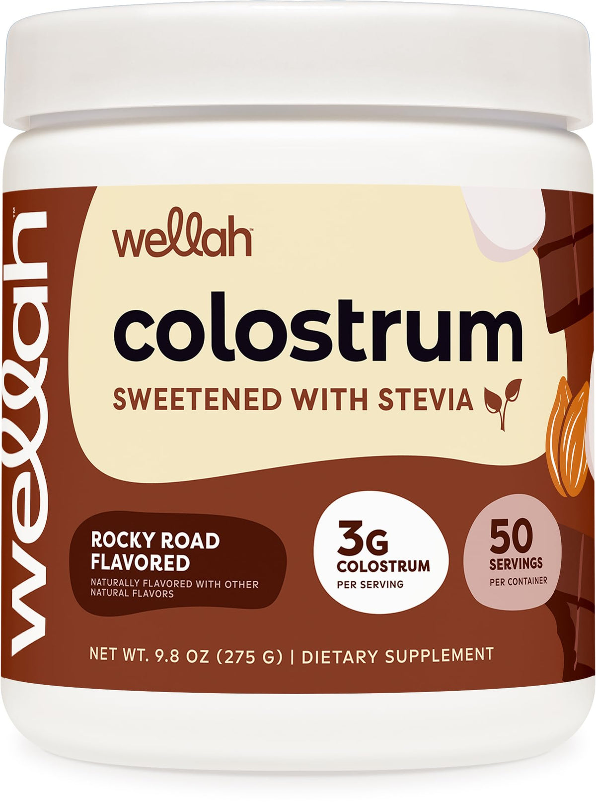 Poudre de colostrum Wellah saveur Rocky Road en emballage avant