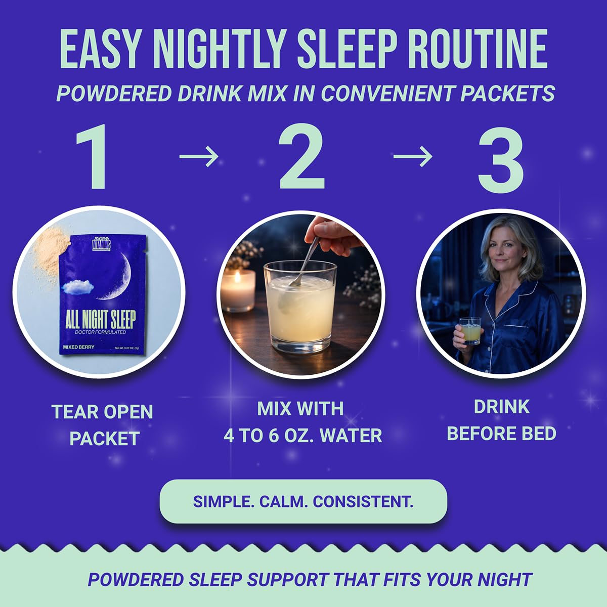 Poudre de complément alimentaire sommeil Dr. Price's dans un verre d'eau