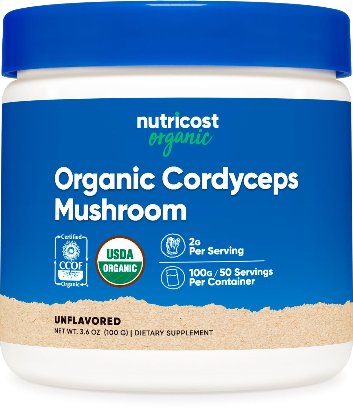 Poudre de Cordyceps Bio Nutricost 100g, vue de face