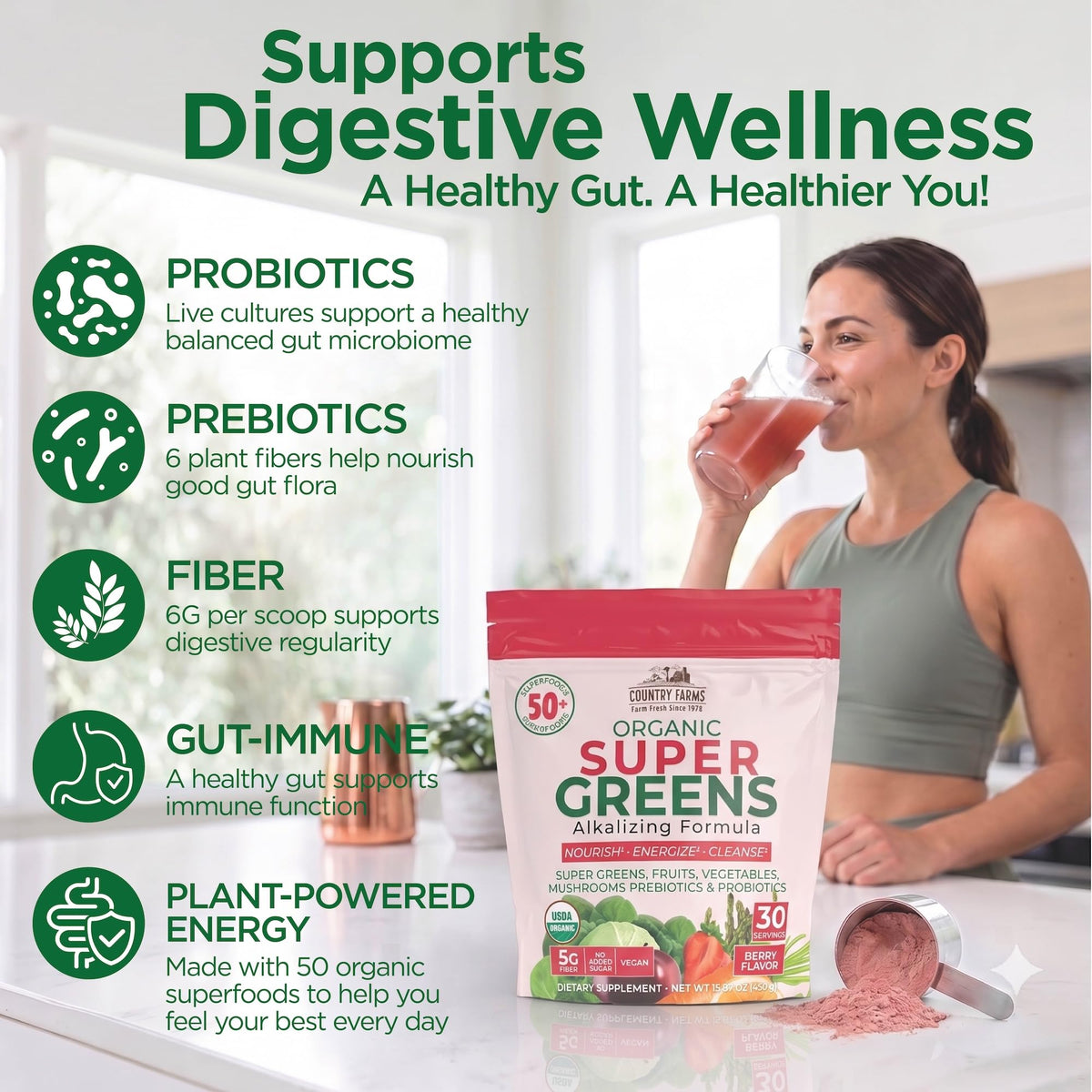 Poudre de Country Farms Super Greens dans un verre d'eau