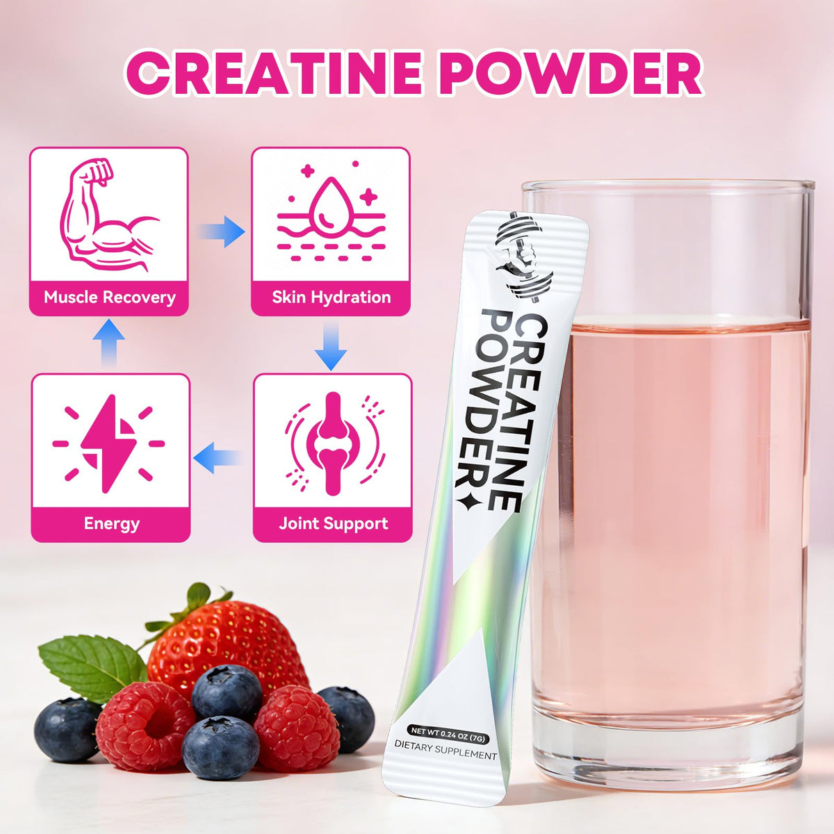 Poudre de créatine BIYODE à côté d'une bouteille d'eau