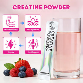 Poudre de créatine BIYODE à côté d'une bouteille d'eau