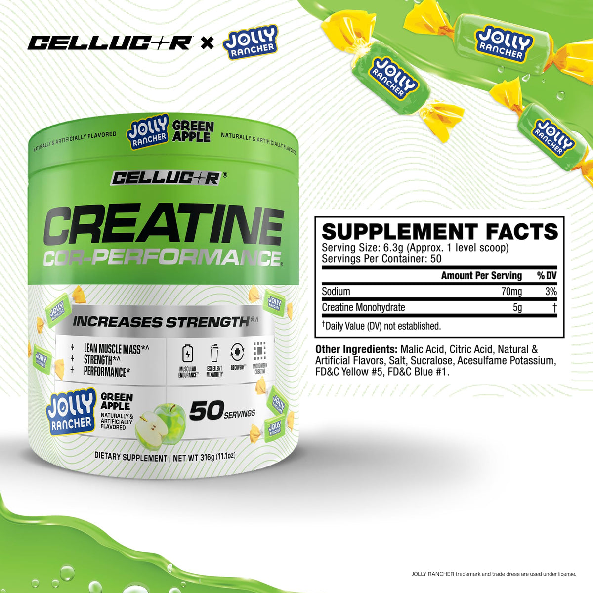 Poudre de créatine Cellucor 5g, pot sur une table de gym