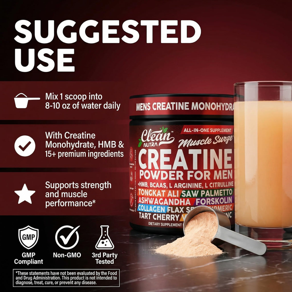 Poudre de créatine Clean Nutraceuticals sur une table avec des équipements de sport