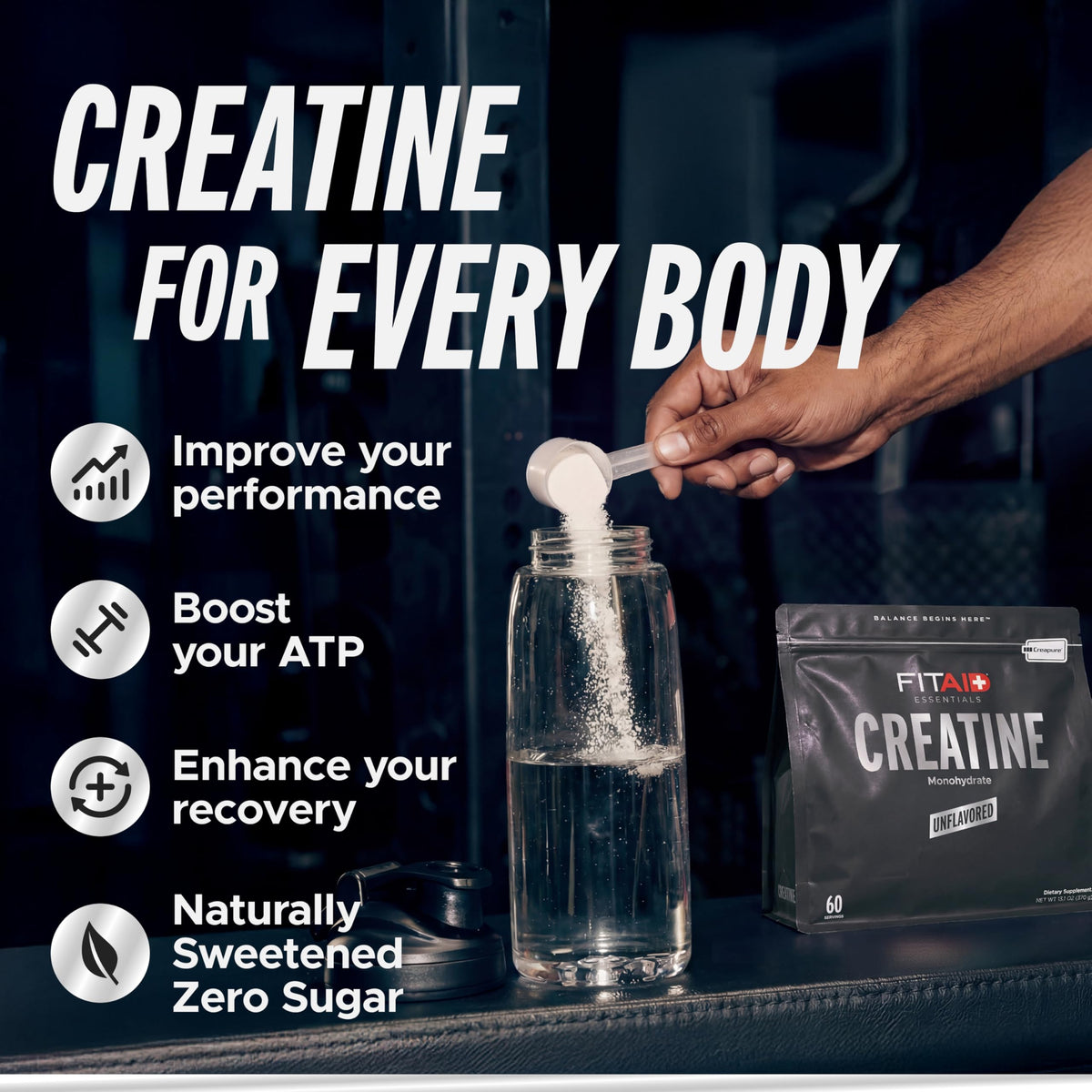 Poudre de créatine CreaPure LIFEAID en cuillère avec eau