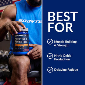Poudre de créatine et citrulline BodyTech 499g avec ingrédients sur fond blanc
