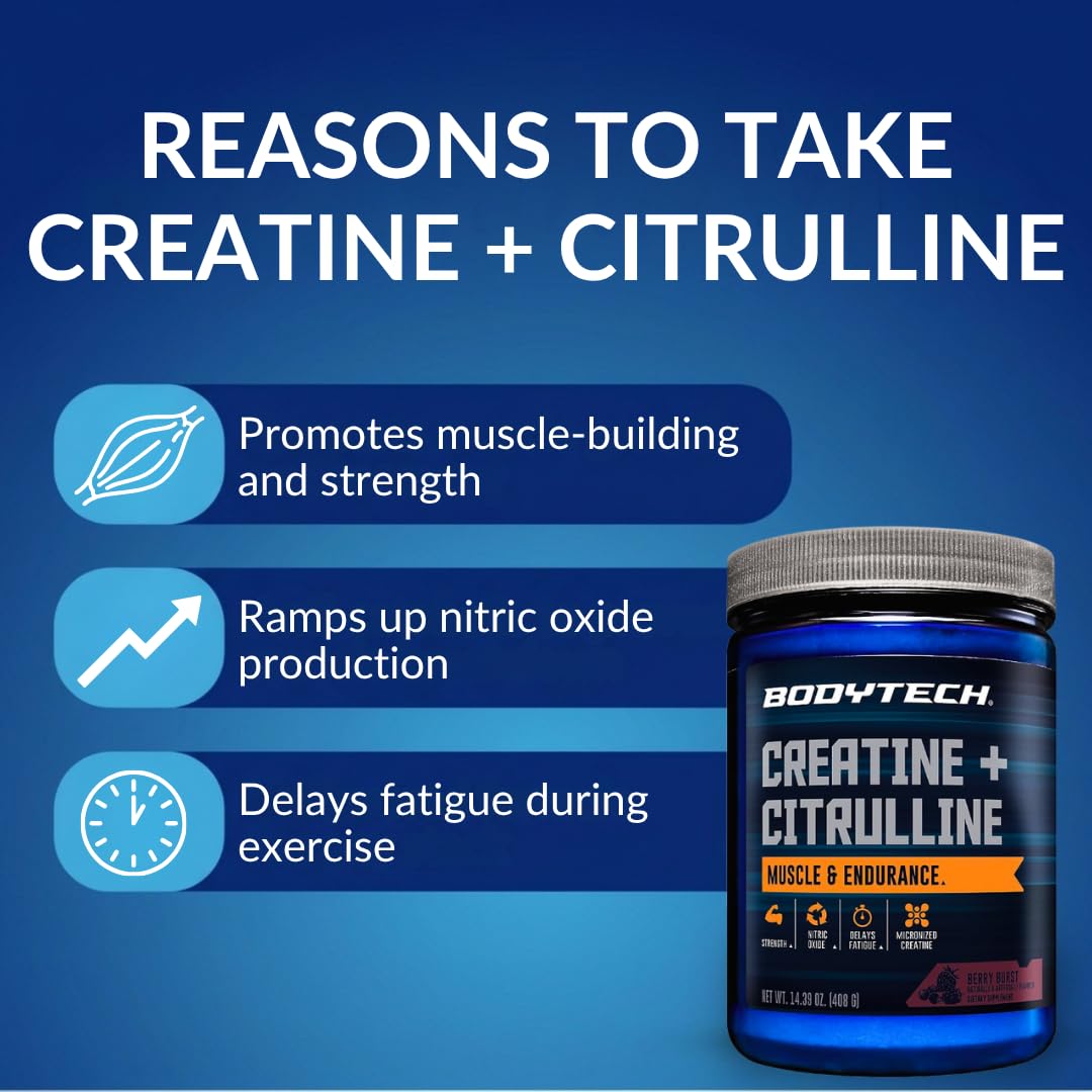 Poudre de créatine et citrulline BodyTech 499g sur une table avec shaker