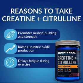 Poudre de créatine et citrulline BodyTech 499g sur une table avec shaker