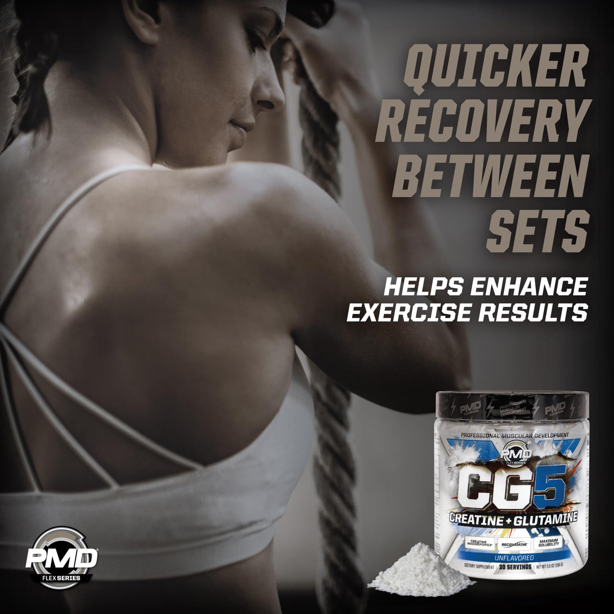 Poudre de créatine et L-glutamine CG5 PMD, en utilisation pendant l'entraînement