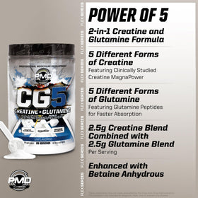 Poudre de créatine et L-glutamine CG5 PMD, ingrédients sur l'étiquette