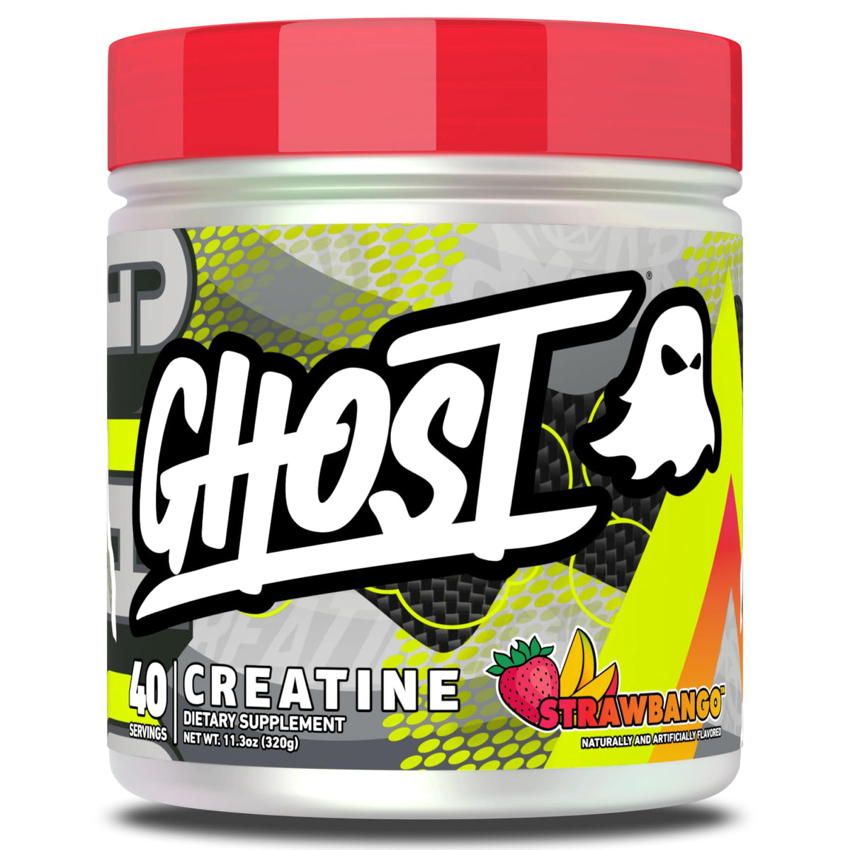 Poudre de créatine GHOST 5G OptiCreatine saveur Strawbango, vue avant du pot