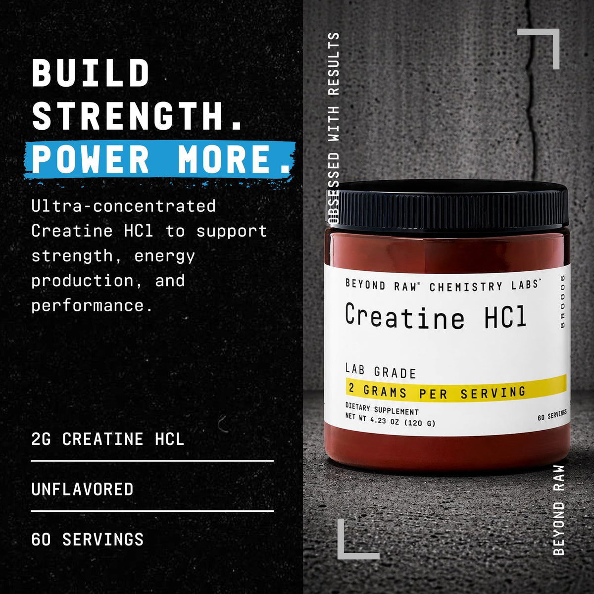 Poudre de créatine HCl BEYOND RAW montrant la texture et la couleur