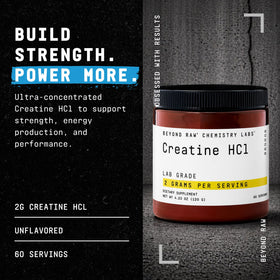 Poudre de créatine HCl BEYOND RAW montrant la texture et la couleur