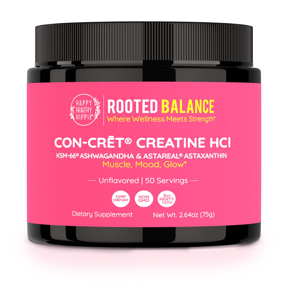 Poudre de créatine HCl Happy Healthy Hippie vue de face dans son emballage