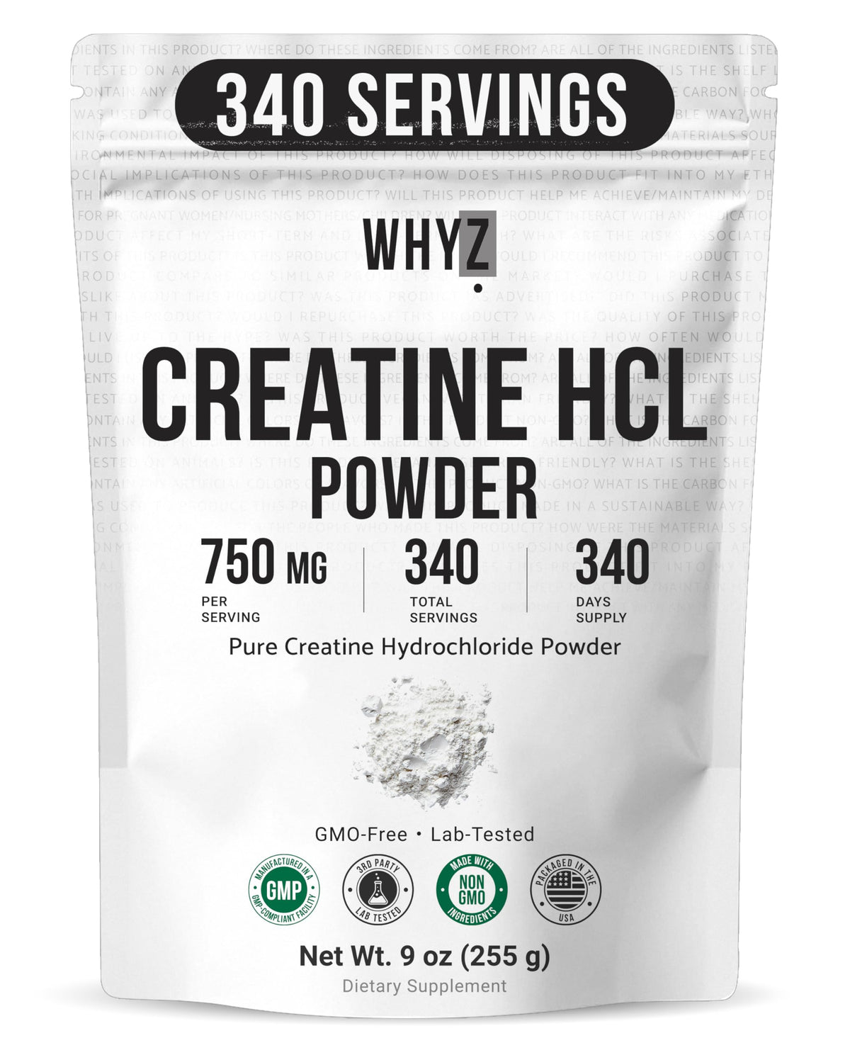 Poudre de créatine HCL non aromatisée WHYZ en sachet refermable