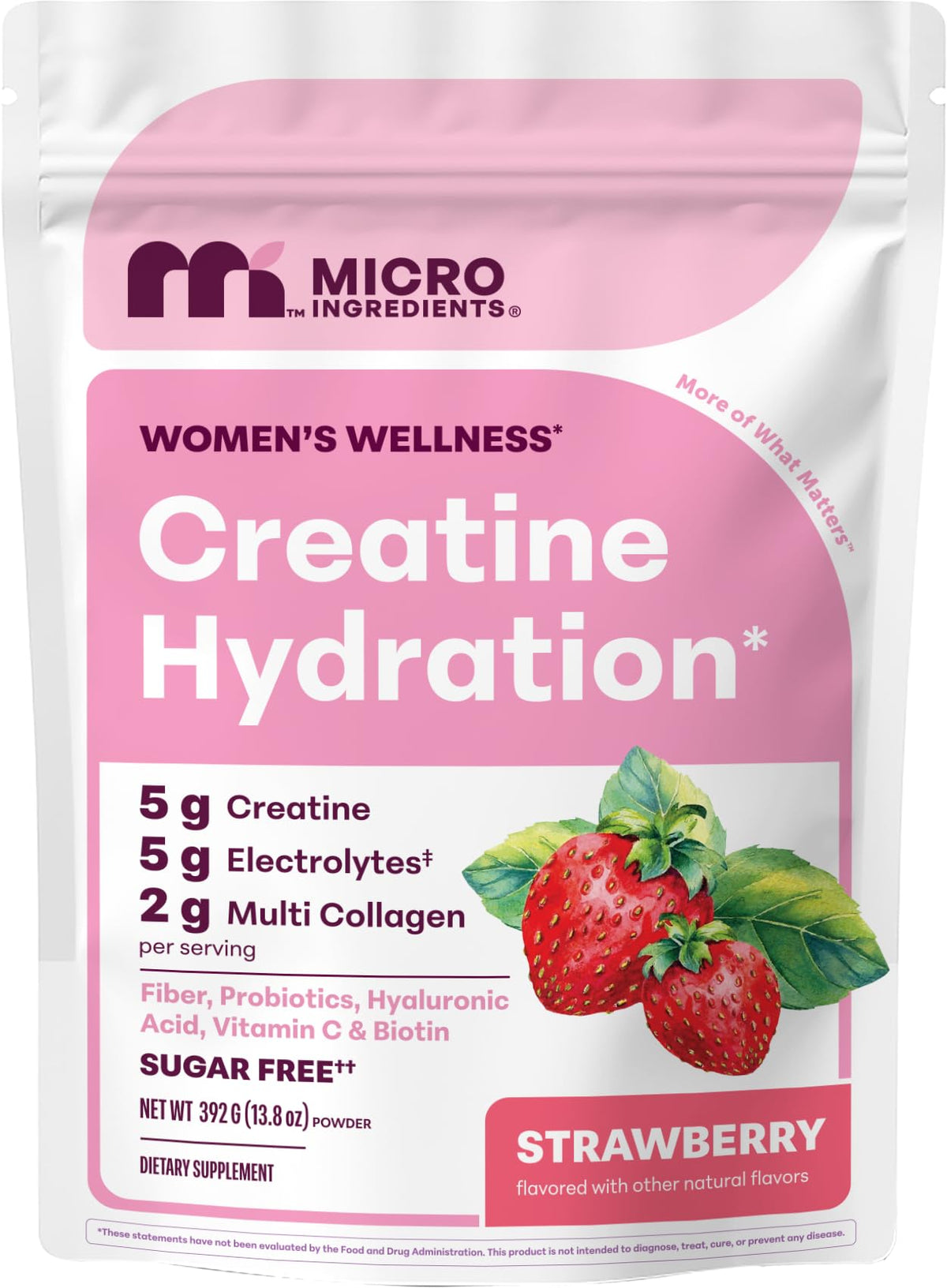 Poudre de créatine hydratation Micro Ingredients 399g goût fraise vue de face