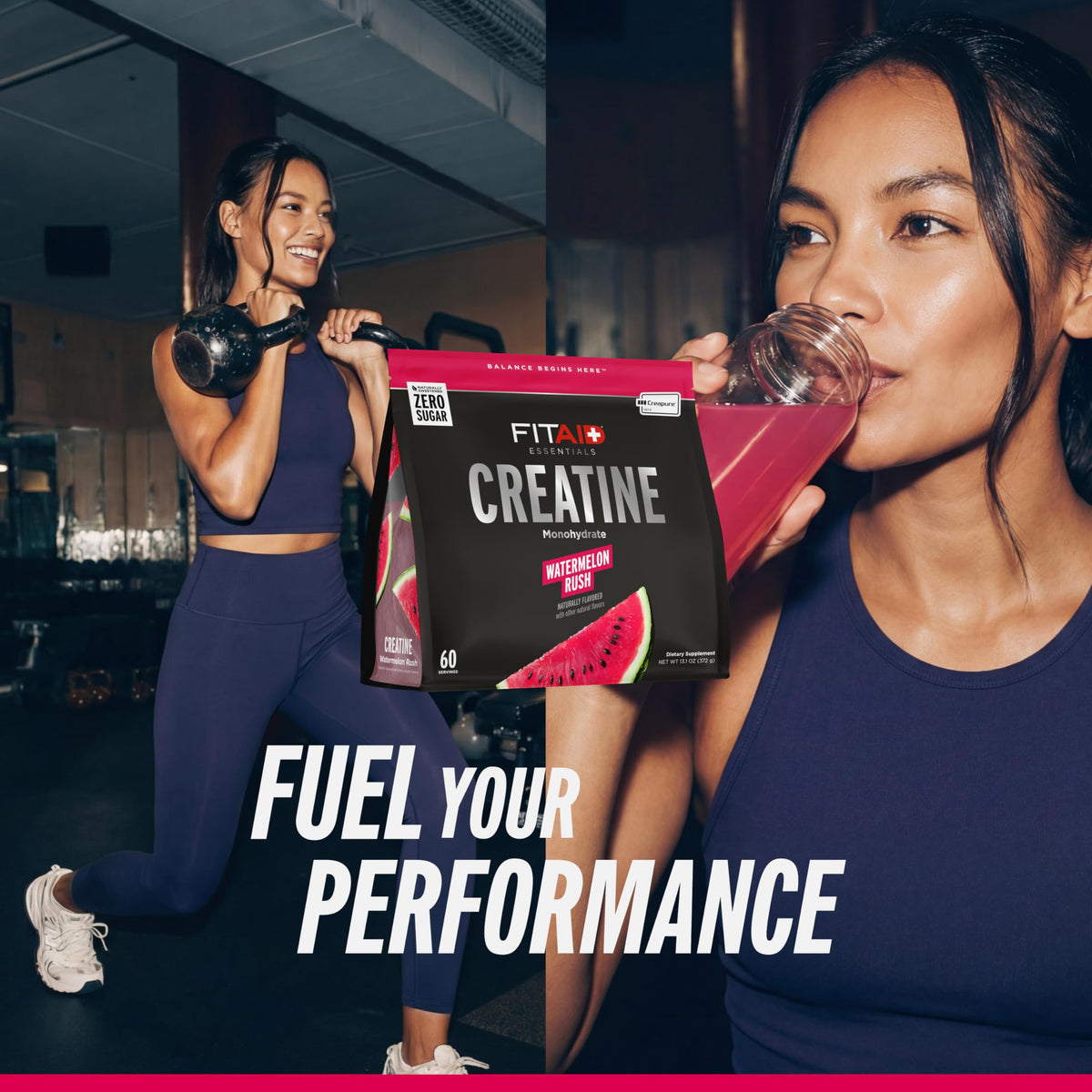 Poudre de créatine LIFEAID CreaPure avec un shaker et des fruits