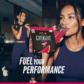 Poudre de créatine LIFEAID CreaPure avec un shaker et des fruits