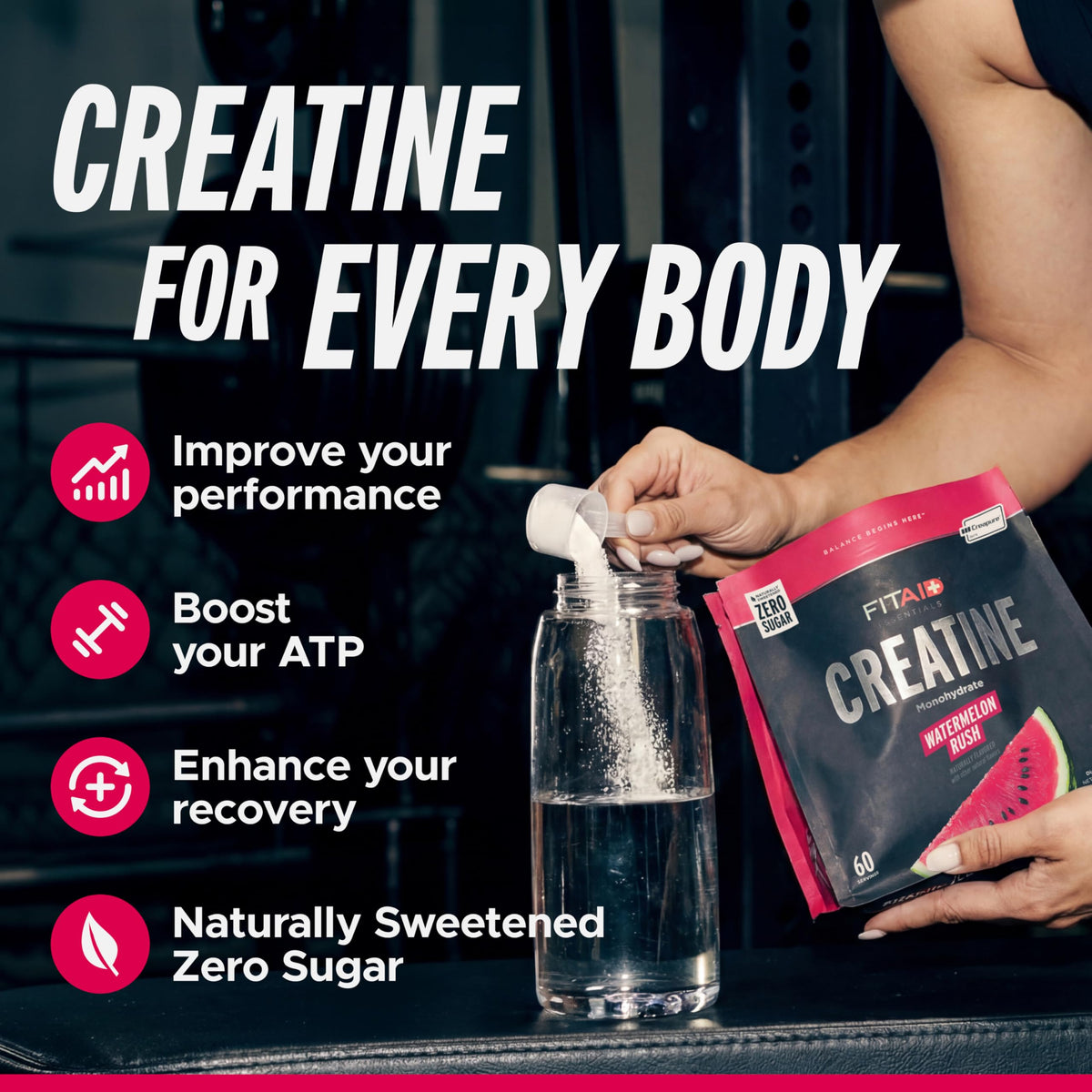Poudre de créatine LIFEAID CreaPure en portion dans un verre d'eau