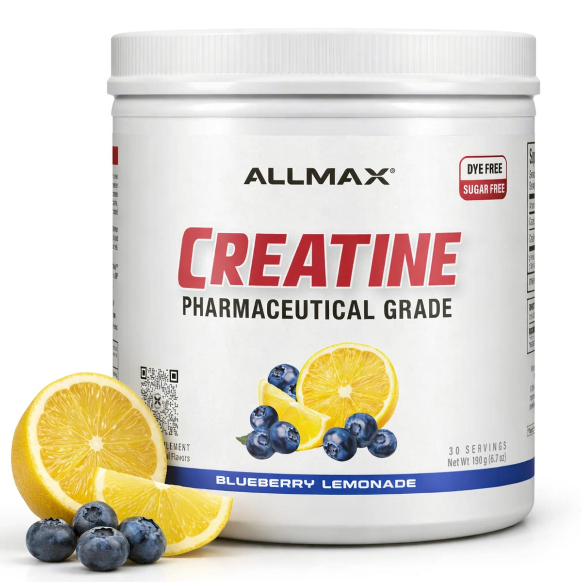 Poudre de créatine monohydrate ALLMAX 190 g goût citron myrtille vue de face