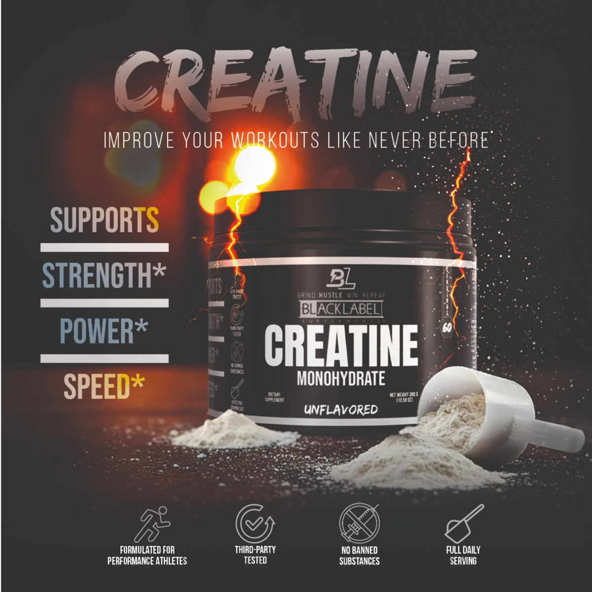 Poudre de créatine monohydrate BLACKLABEL 372g sans saveur avec cuillère doseuse