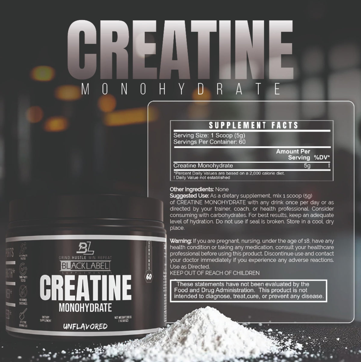 Poudre de créatine monohydrate BLACKLABEL 372g sans saveur vue de côté