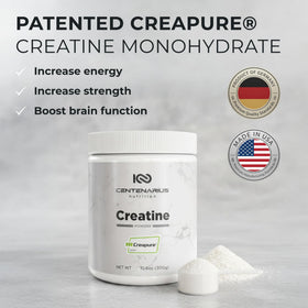 Poudre de créatine monohydrate Centenarius Nutrition 300g dans un shaker