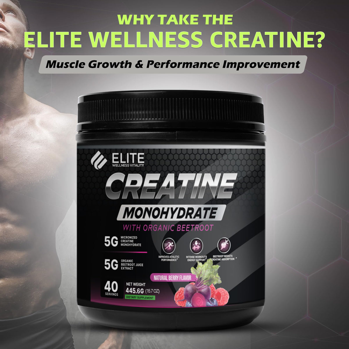 Poudre de créatine monohydrate ELITE WELLNESS dans un verre