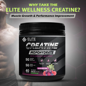 Poudre de créatine monohydrate ELITE WELLNESS dans un verre