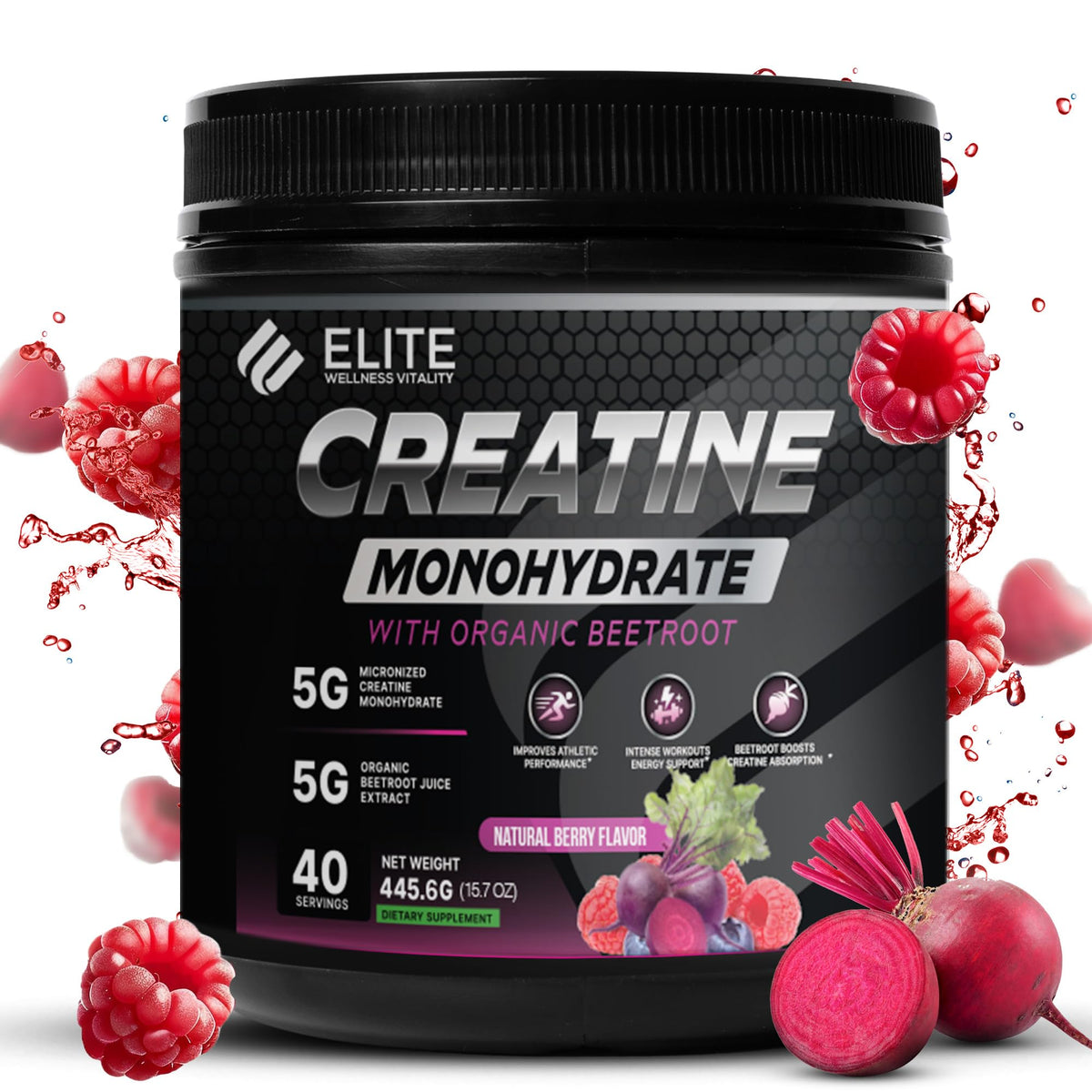 Poudre de créatine monohydrate ELITE WELLNESS VITALITY 540g vue de face