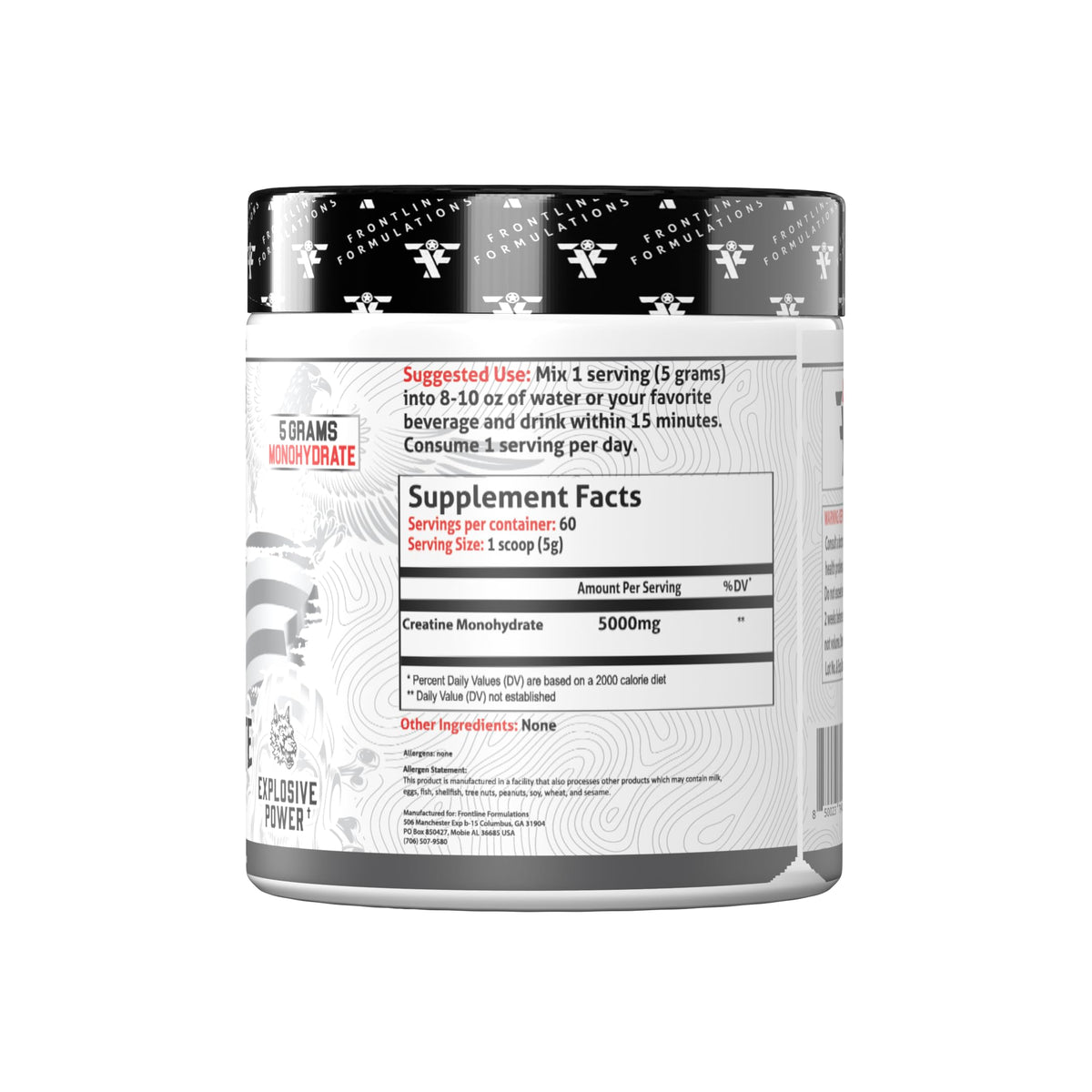 Poudre de créatine monohydrate FRONTLINE FORMULATIONS dans un verre d'eau