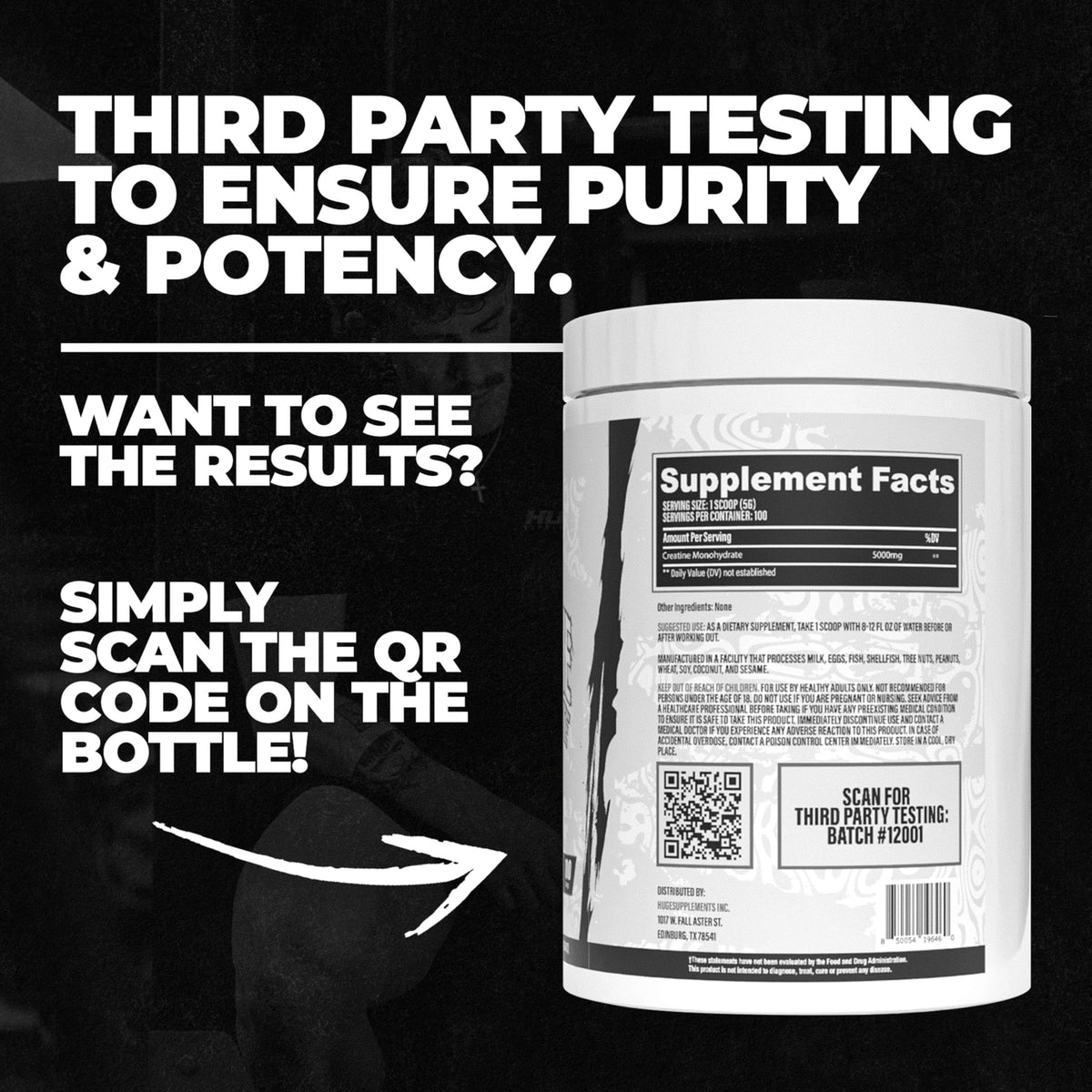Poudre de créatine monohydrate Huge Supplements dans un verre