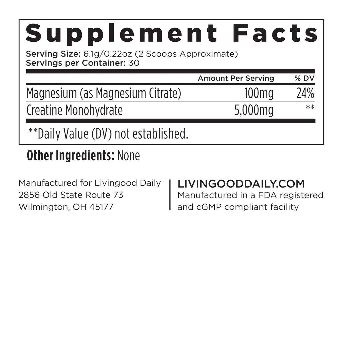 Poudre de créatine monohydrate Livingood Daily 240g sur une table