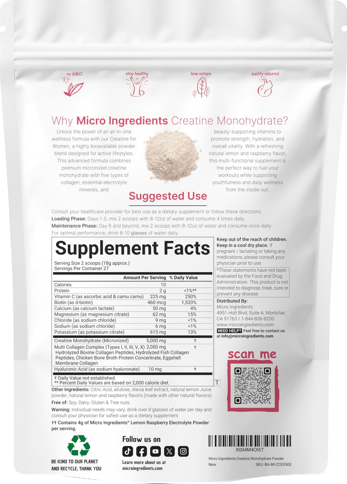 Poudre de créatine monohydrate Micro Ingredients au goût citron framboise