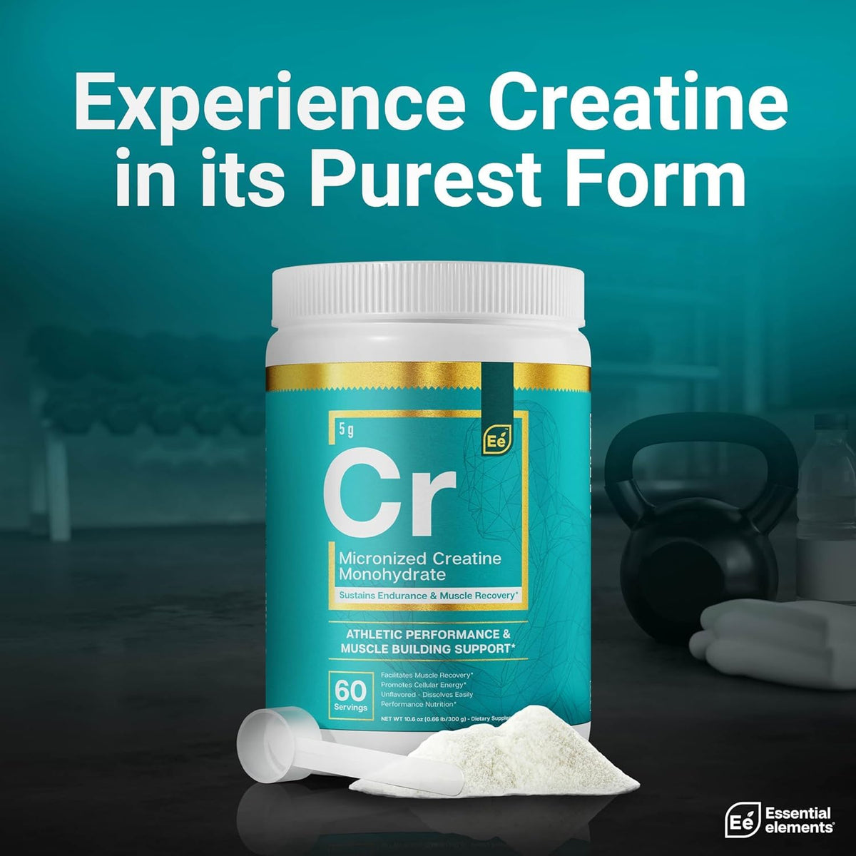 Poudre de créatine monohydrate micronisée Essential Elements sur une table
