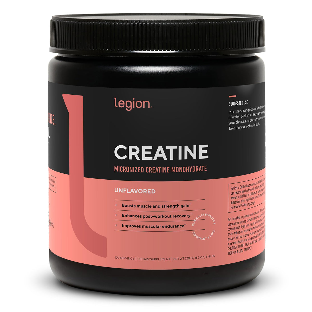 Poudre de créatine monohydrate micronisée LEGION 380g vue de face