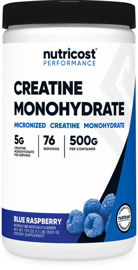 Poudre de créatine monohydrate Nutricost 500g goût framboise bleue vue de face