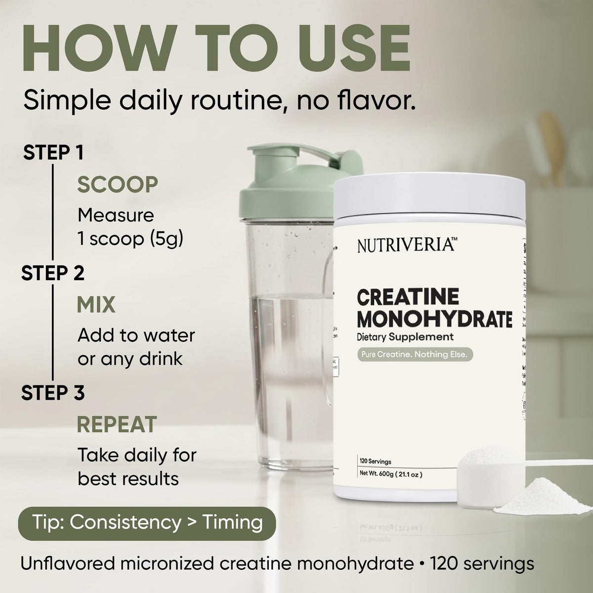 Poudre de créatine monohydrate Nutriveria avec une cuillère doseuse