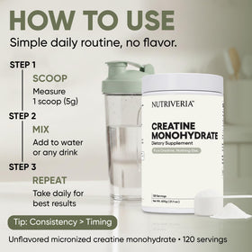 Poudre de créatine monohydrate Nutriveria avec une cuillère doseuse