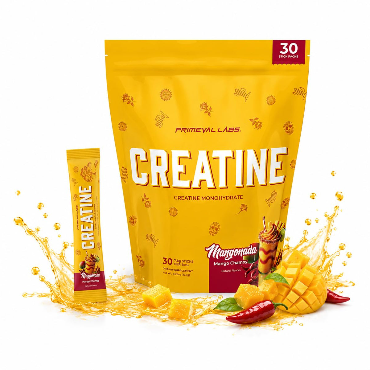 Poudre de créatine monohydrate Primeval Labs au goût Mangonada, vue de face