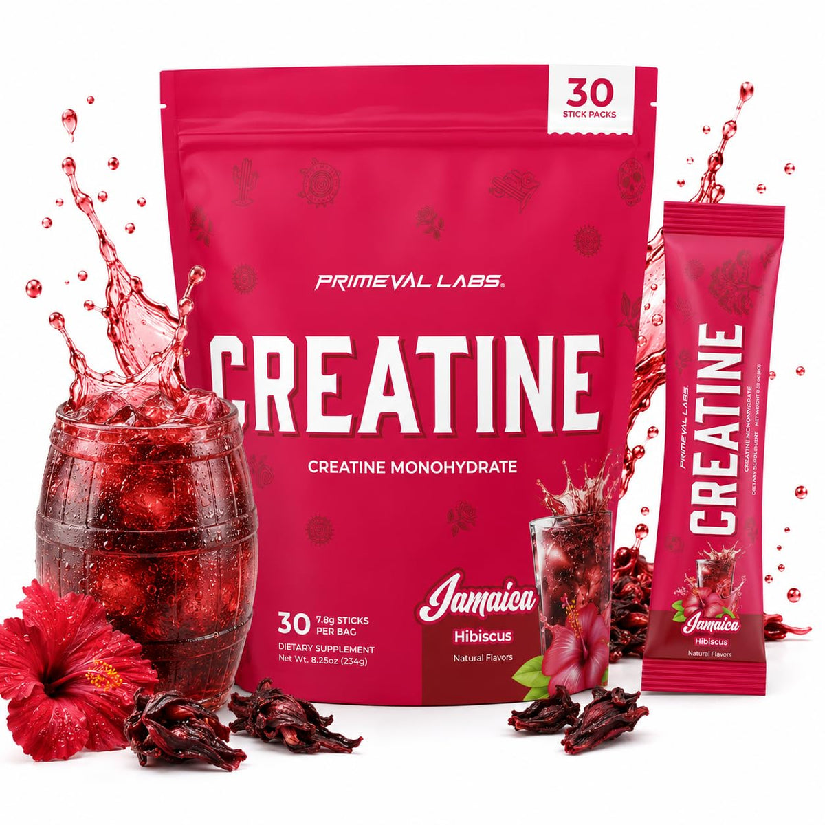 Poudre de créatine monohydrate Primeval Labs saveur Jamaïque vue de face