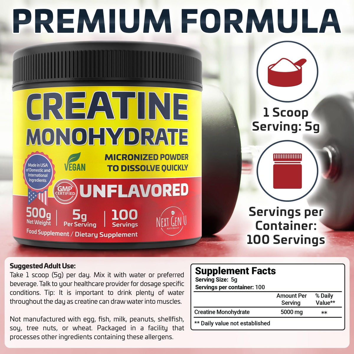 Poudre de créatine monohydrate vegan NGU 500g avec cuillère
