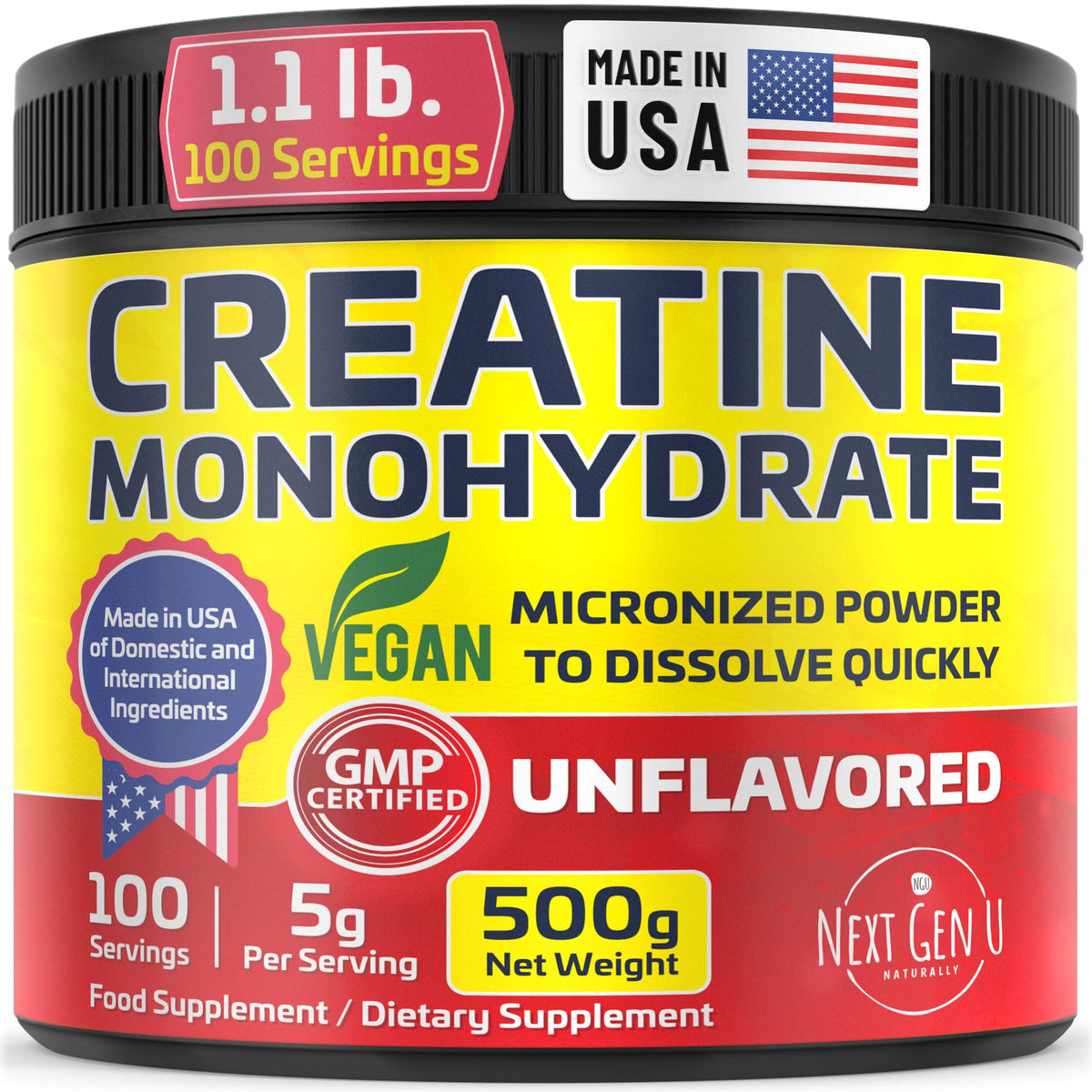 Poudre de créatine monohydrate vegan NGU 500g vue de face