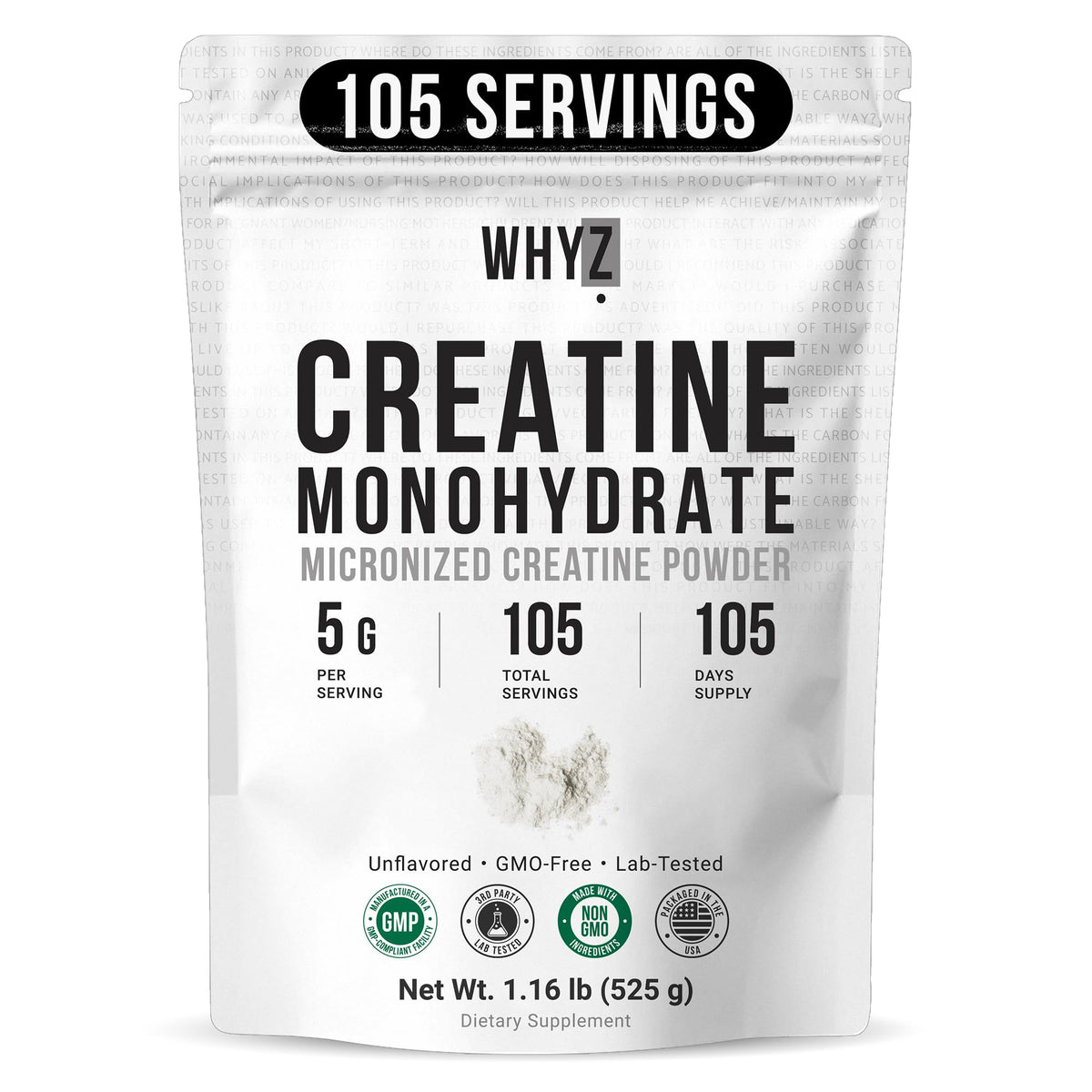 Poudre de créatine monohydrate WHYZ vue de face dans son emballage