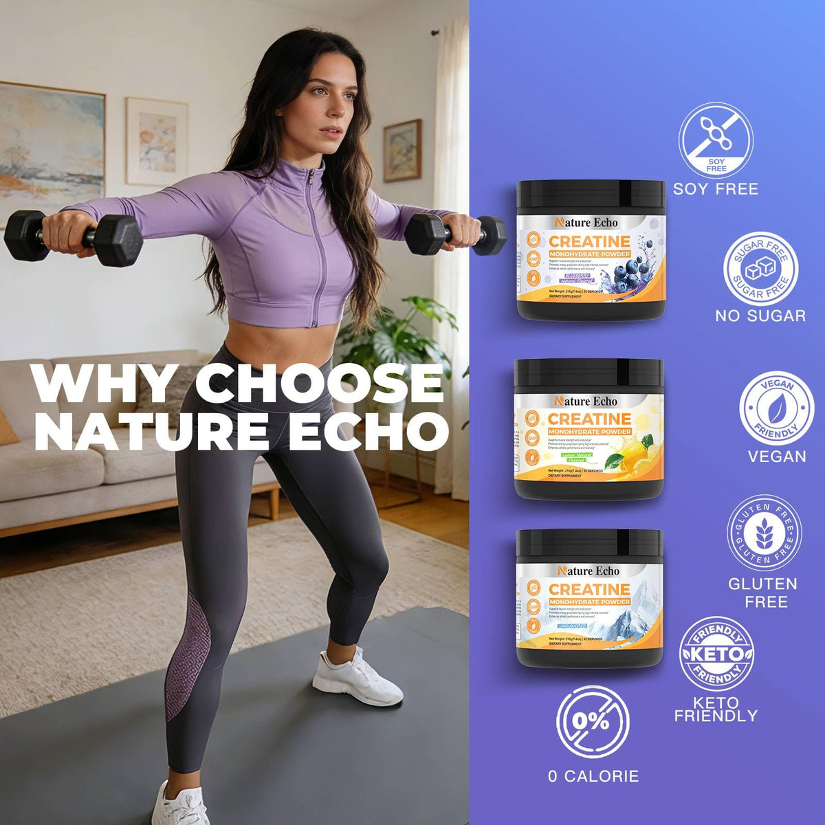 Poudre de créatine Nature Echo 272g dans un shaker