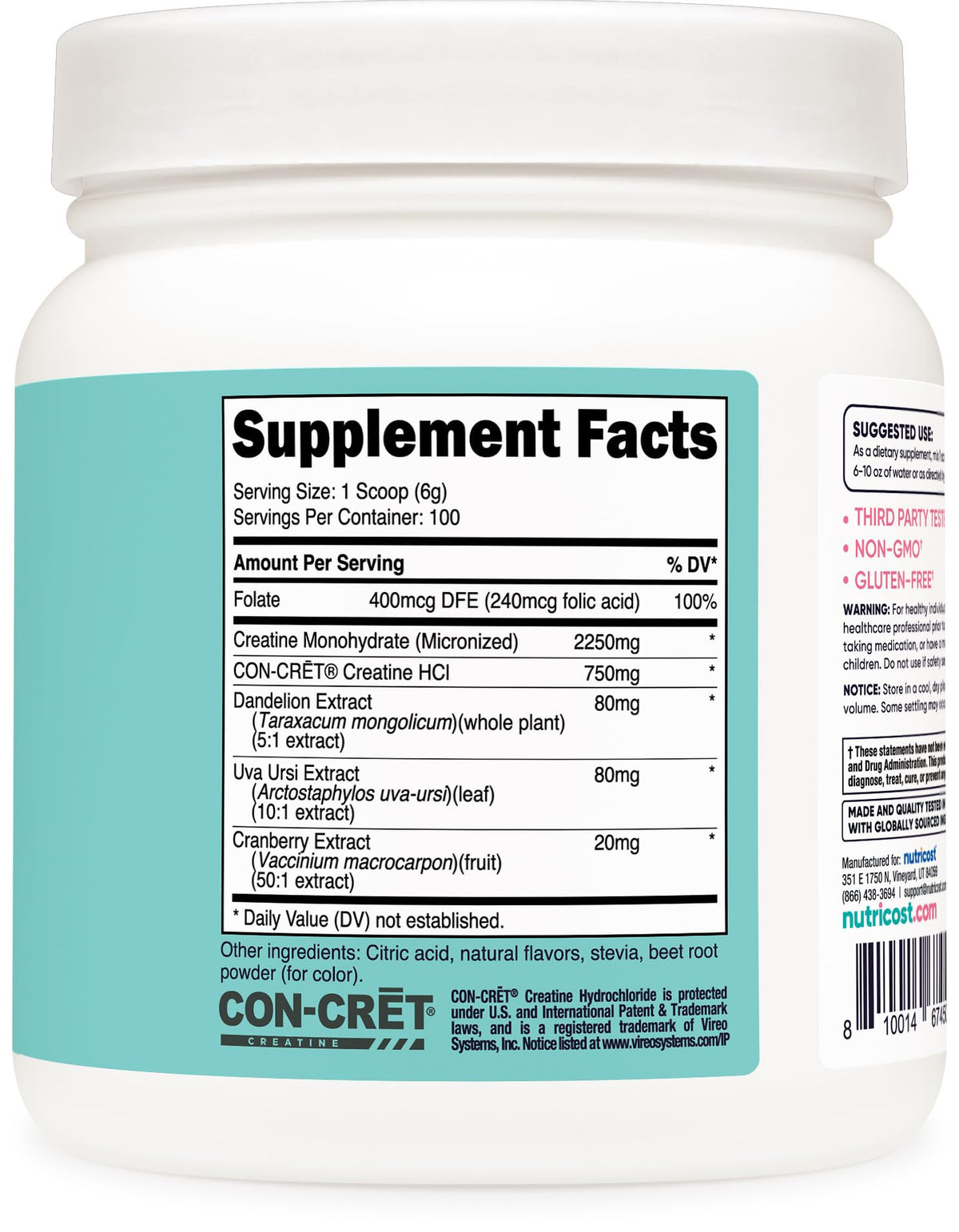 Poudre de créatine Nutricost au goût fraise citronnade sur un fond blanc