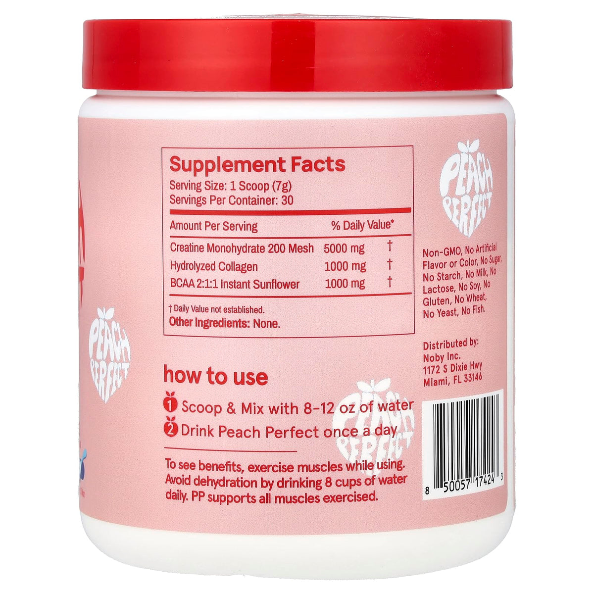 Poudre de créatine Peach Perfect 272g avec cuillère doseuse à côté