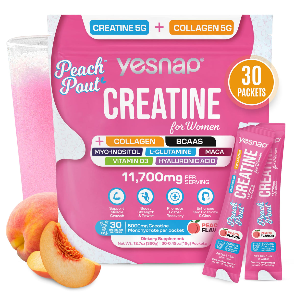 Poudre de créatine pour femmes Yesnap en sachet avec goût pêche